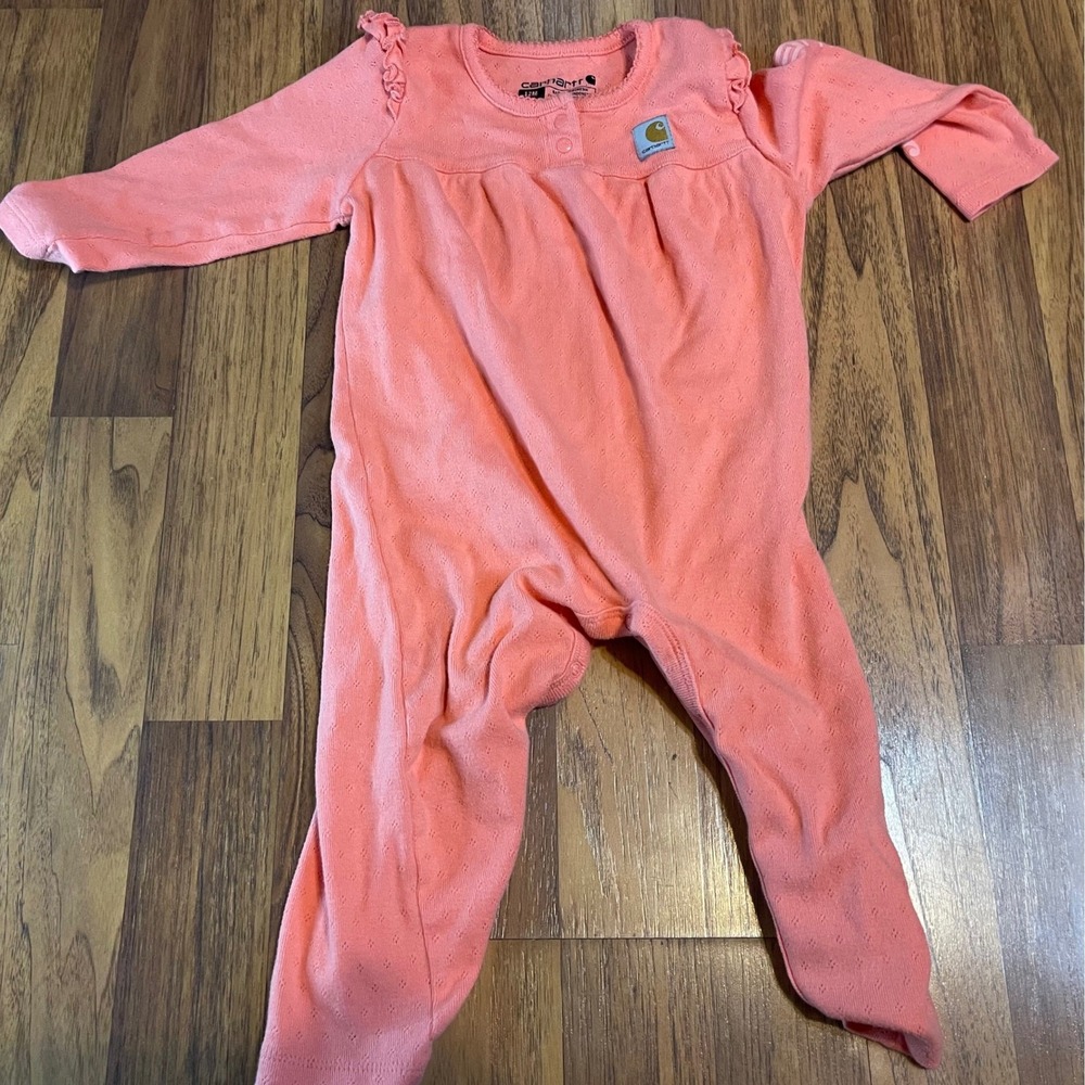 Carhartt Baby Girl 12M Coral Pink Pointelle Ruffle Footed Coverall Romper LS